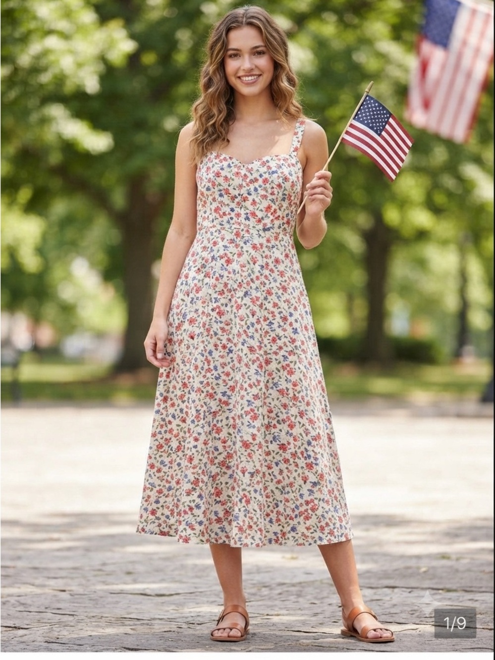 Old Navy Cream Floral Midi Linen Blend Sundress w/ Red & Blue Blooms Cottagecore